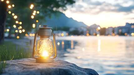 Illuminated lantern on lakeside rock at sunset, city lights and string lights in background; perfect for relaxation, travel, and serenity themes