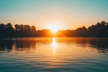 sunrise over a peaceful lake, with warm colors and a feeling of optimism and new possibilities, mindfulness practice and meditation