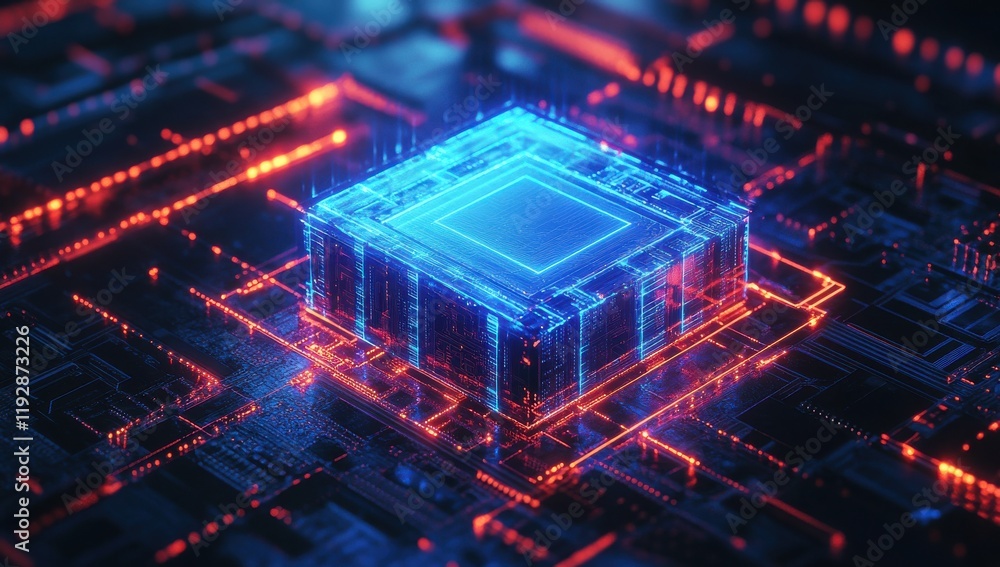 Aufkleber futuristic digital microchip surrounded by bright neon circuits and high-tech elements in a dark bac