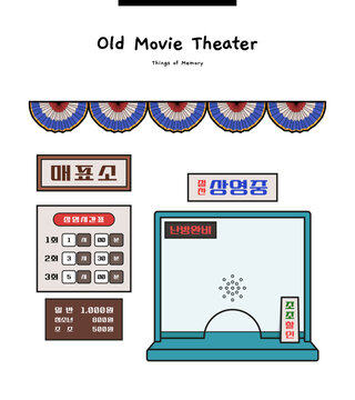 This illustration is a ticket office in an old movie theater in Korea. Translation: Ticket office, running, running time, adults, children, heating