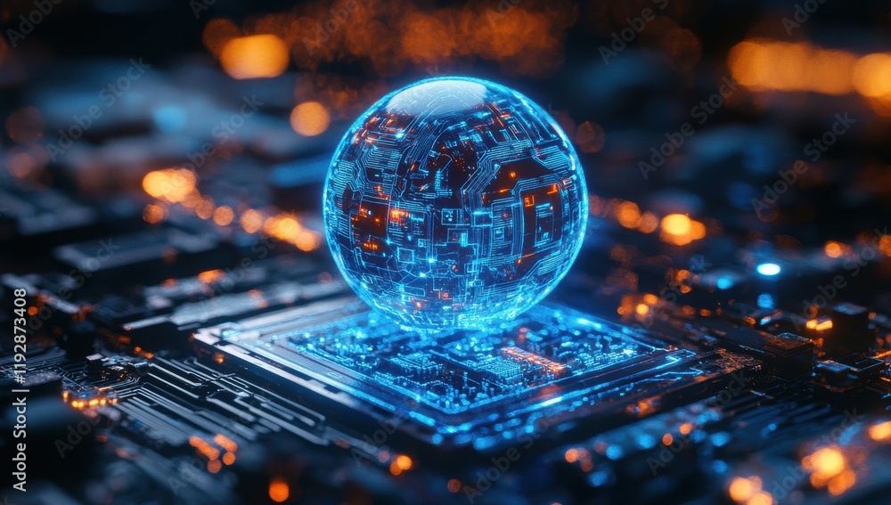 Poster futuristic digital sphere on circuit board with glowing elements, representing advanced technology, 
