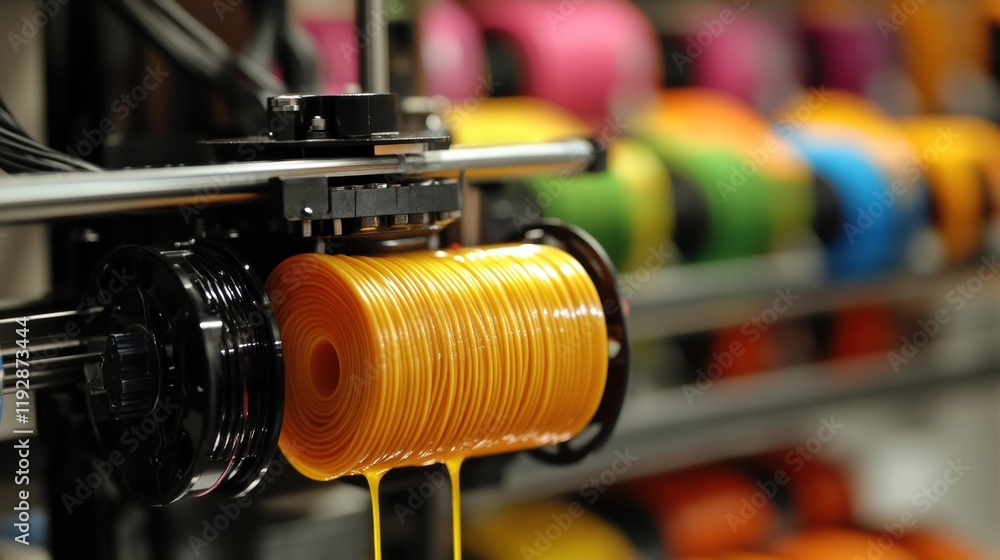 Poster yellow filament being used by a 3d printer to create an object, surrounded by colorful filaments, hi
