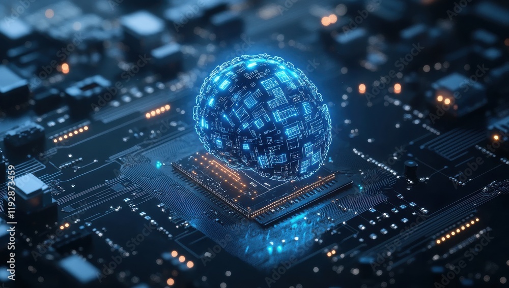 Poster futuristic digital sphere representing data and technology over a microchip in a high-tech circuit b