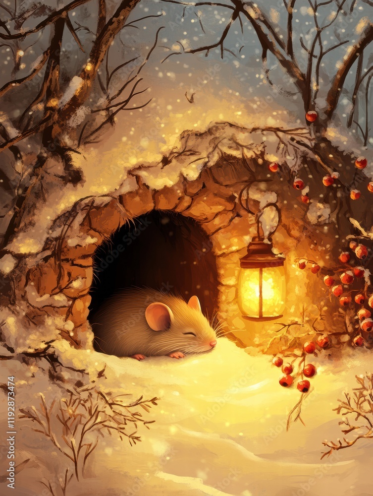 Poster Cozy winter scene featuring a sleeping mouse in a snow covered burrow beside a lantern and berries in a tranquil forest. Generative AI