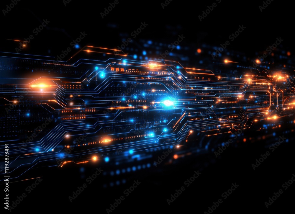 Poster Futuristic Digital Technology Circuit Board with Glowing Neon Lights and Abstract Design Representing Data Flow in Cyber Space