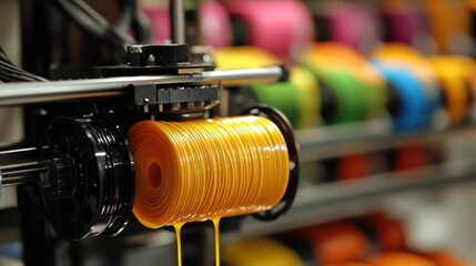 Naklejka premium Yellow filament being used by a 3d printer to create an object, surrounded by colorful filaments, highlights the versatility of additive manufacturing technology
