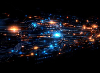 Fototapeta premium Futuristic Digital Technology Circuit Board with Glowing Neon Lights and Abstract Design Representing Data Flow in Cyber Space