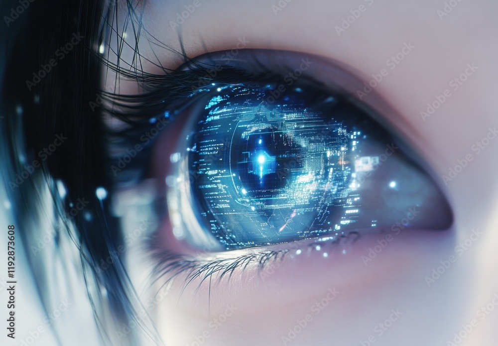 Poster futuristic eye with digital interface and technology elements symbolizing innovation, vision, and th