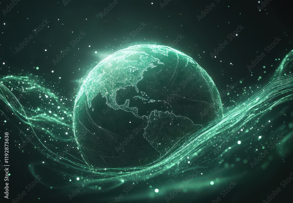 Poster futuristic glow representation of earth depicted in digital format with sparkling particles and wave