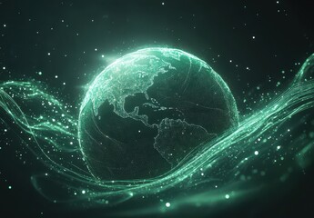 Naklejka premium Futuristic Glow Representation of Earth Depicted in Digital Format with Sparkling Particles and Waves, Symbolizing Global Connectivity and Innovation
