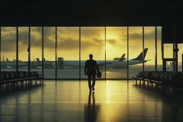 Individual Walking in Airport During Golden Hour