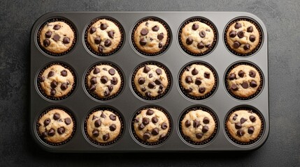 Obraz premium A muffin tin with freshly baked chocolate chip muffins.