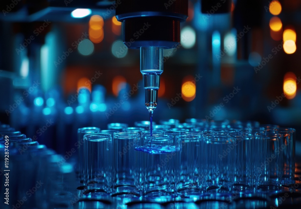 Poster futuristic laboratory scene featuring automated liquid dispensing system over rows of test tubes und