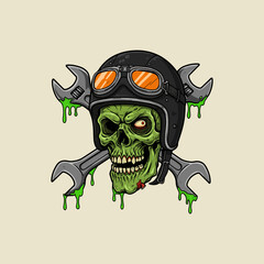 A green zombie skull wearing a motorcycle helmet is depicted with crossed wrenches dripping green slime.