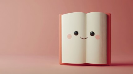 Cute cartoon book with a smiling face on a pink background.