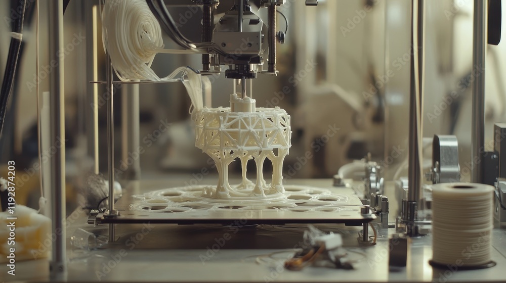 Poster modern 3d printer is creating a complex white plastic structure layer by layer, showcasing additive 