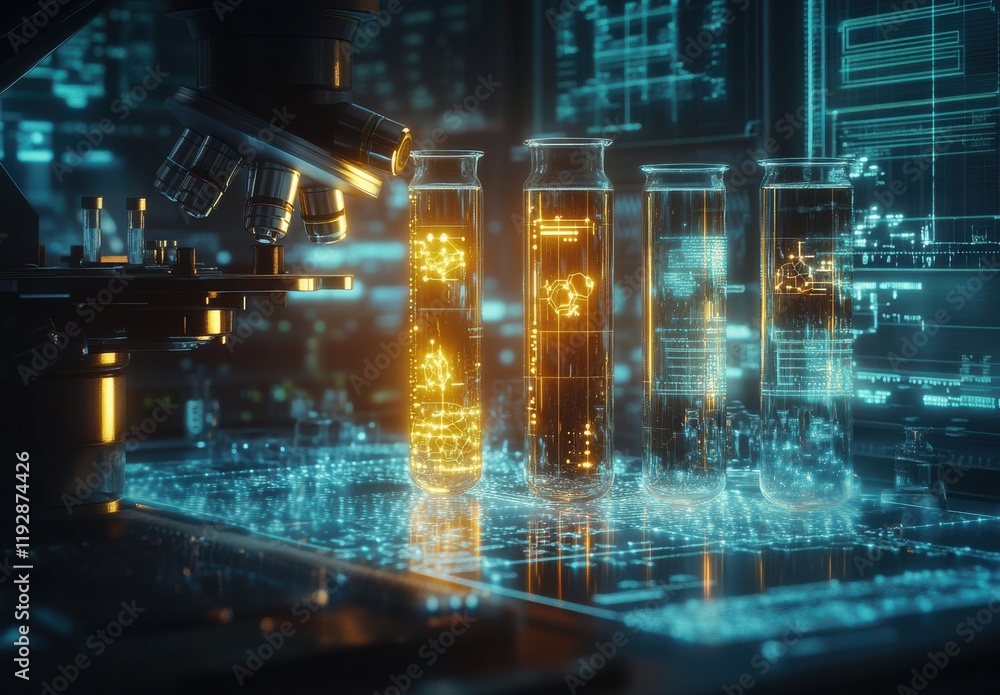 Poster futuristic laboratory setting featuring microscopy and scientific test tubes with digital data eleme