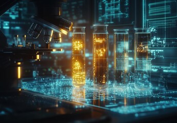Obraz premium Futuristic Laboratory Setting Featuring Microscopy and Scientific Test Tubes with Digital Data Elements for Research and Innovation in Biotechnology