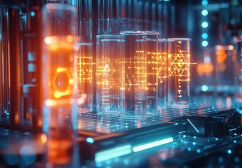 Fototapeta premium Futuristic Laboratory Setting with Glowing Test Tubes and Digital Graphics Illustrating Scientific Research and Discovery in a High-Tech Environment