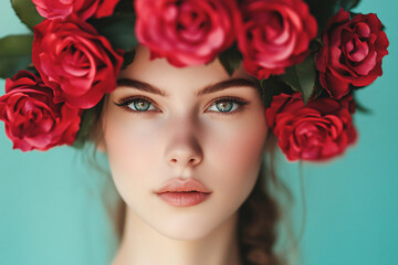 Naklejka premium Close up of face of young beautiful woman with red rose flowers on head
