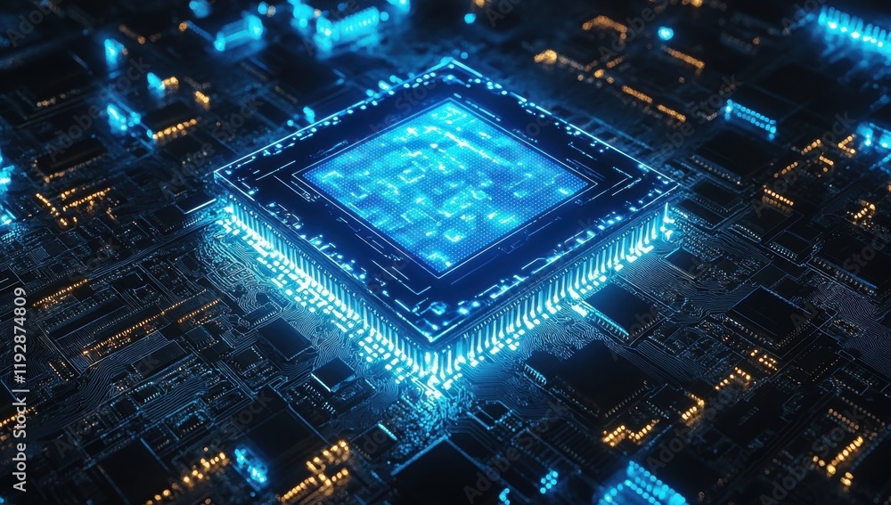 Poster futuristic microchip on circuit board surrounded by glowing blue lights showcasing advanced technolo