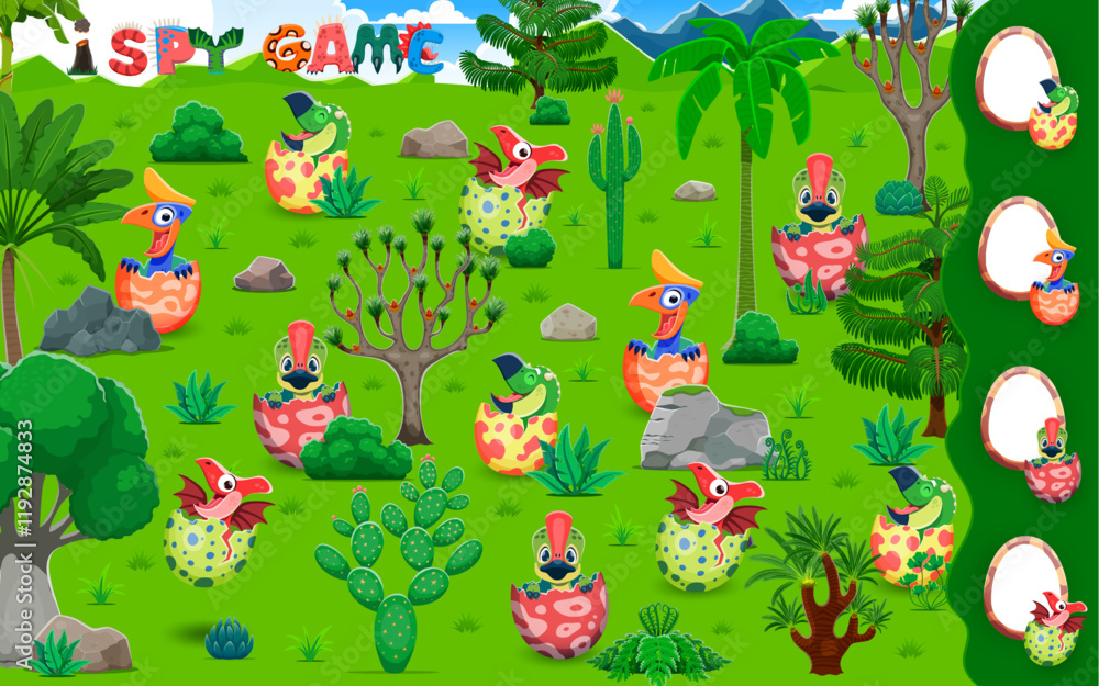 Poster i spy game worksheet with funny prehistoric dino kids in eggshell, vector puzzle quiz. i spy game wi