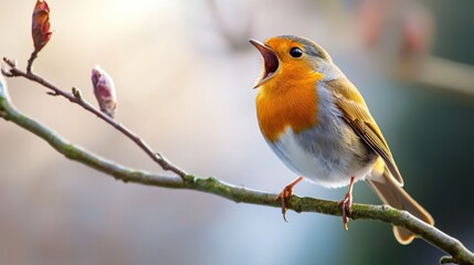 A bird perched on a tree branch, singing.