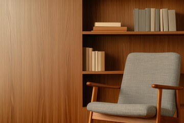 interior minimal midcentury. Cozy interior with a chair and wooden bookshelf backdrop.