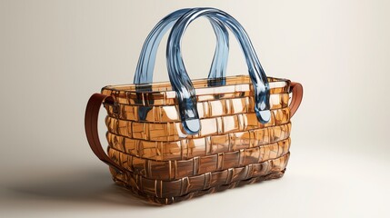 Amber transparent woven handbag with blue handles and brown leather strap.