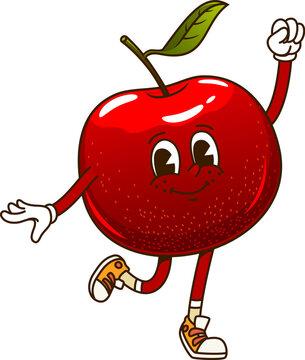 Naklejki Cartoon retro groovy apple fruit character with happy face, vector comic emoji. Groovy red apple with funny smile dancing in hipster shoes, funky silly and freaky fruit food character in retro cartoon