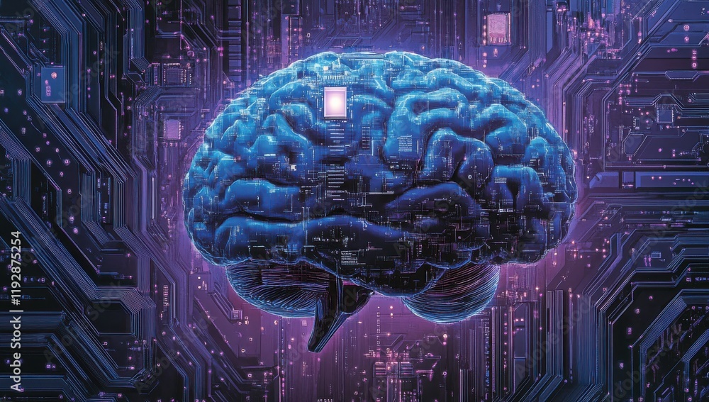 Poster futuristic representation of a vibrant blue brain set against a backdrop of intricate digital circui