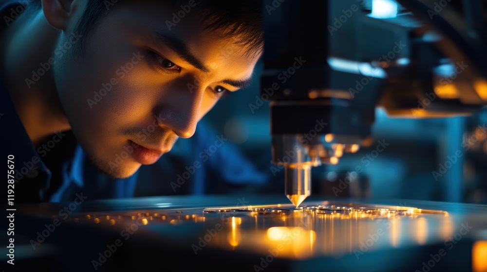 Aufkleber in a dimly lit high tech laboratory, a microelectronics engineer inspecting a printed circuit board 