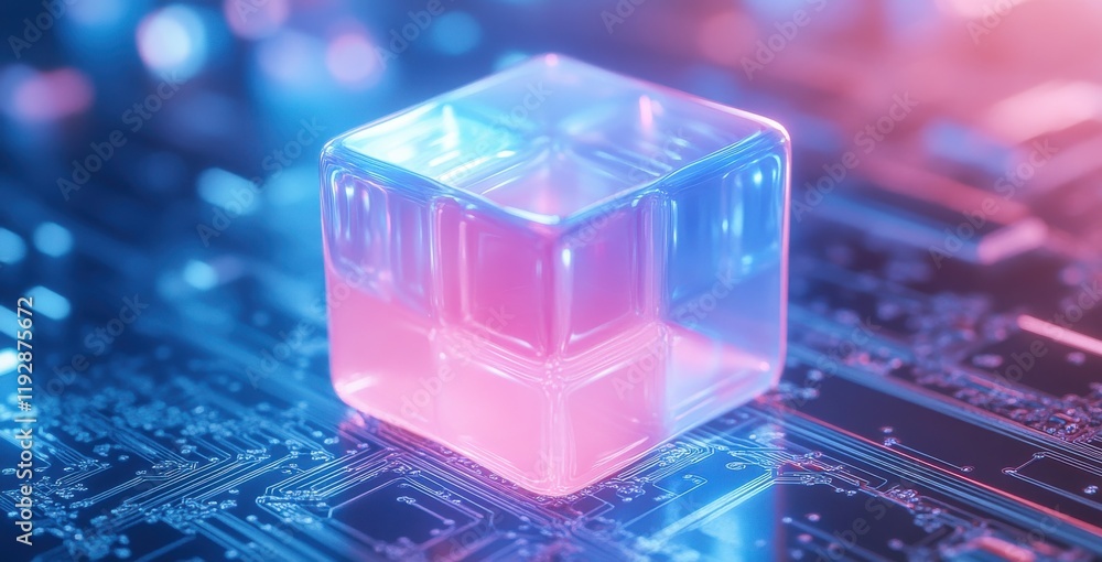 Poster futuristic transparent cube on circuit board with neon lights, abstract technology concept represent