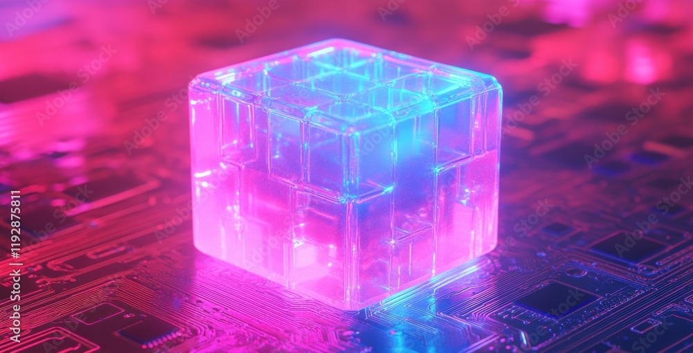 Poster futuristic transparent cube with neon glow on circuit board background, representing technology and 