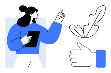 Woman holding a tablet points upward with a thumb up and stylized leaf elements. Ideal for business, technology, innovation, leadership, approval, environmental-friendly concepts, education. Abstract