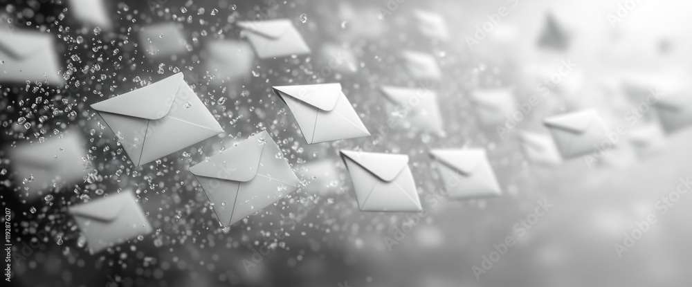 Poster abstract image of many white envelopes floating in the air, representing digital communication or em