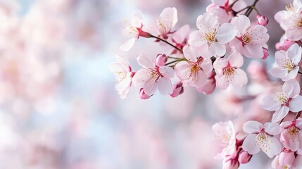 Obraz premium Soft Cherry Blossoms Blooming in Spring with Delicate Pink Petals Against a Gentle Breeze Background