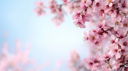 Fototapeta premium Soft Cherry Blossoms Blooming in Springtime Borders with Gentle Blue Background and Delicate Pink Flowers