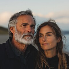 Fototapeta premium A touching moment of an elderly couple by the beach, symbolizing love and peaceful retirement.