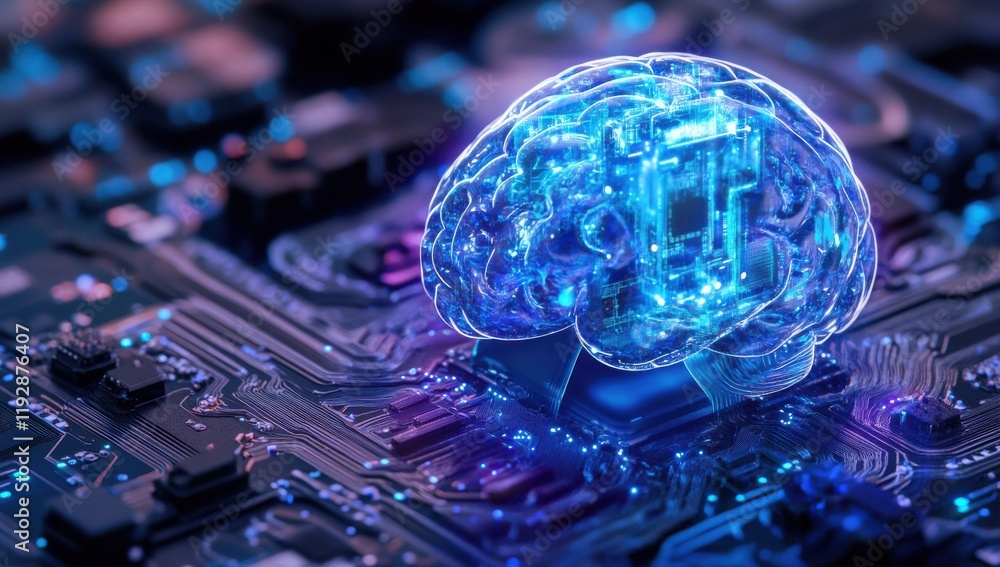 Poster futuristic visualization of a digital brain on a microchip, representing artificial intelligence, ad
