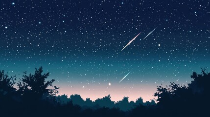Starry night sky with shooting stars over a forest silhouette.