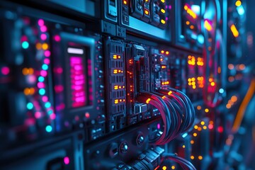 Network Hub: Active Server Rack with Colored Lights and Cables