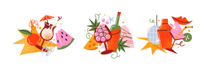 Alcoholic drinks and cocktails with abstract shapes. Cool fruit drinks, prosecco, gin, rum with ice for a party. Shapes in cartoon retro doodle groovy style of the 90s