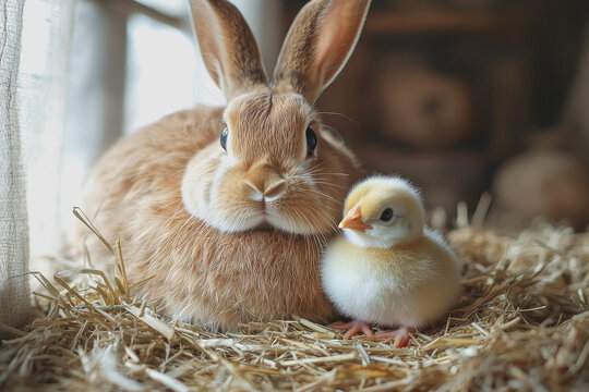 Small chicken and rabbit sitting together in hay farm animals relaxing in natural habitat cute scene of poultry and rodent peaceful and serene environment outdoors wildlife photography