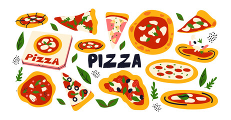 Italian pizza with basil, tomatoes and mozzarella. Pieces of pizza, a set of ingredients, various toppings. Vegetables, cheese,salami, sauce. Cartoon doodle illustration for restaurant and cafe