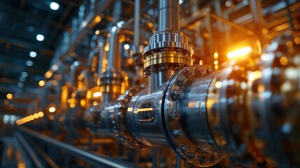 Naklejka premium High-Detail Close-Up of Industrial Pipework with Gleaming Metal Components and Shimmering Lights in a Modern Manufacturing Facility