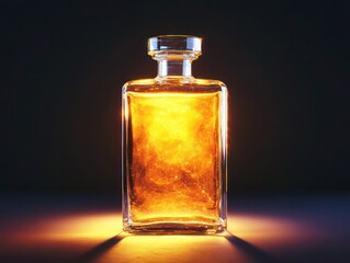 Clear rectangular bottle with glowing golden liquid inside softly illuminated in warm tones