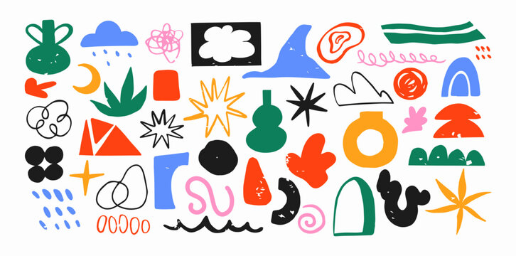 Botanical set of abstract shapes flowers and plants. Organic blot floral doodles, leaves of different stickers. Trendy hippie funky shapes stickers 90s in Matisse style