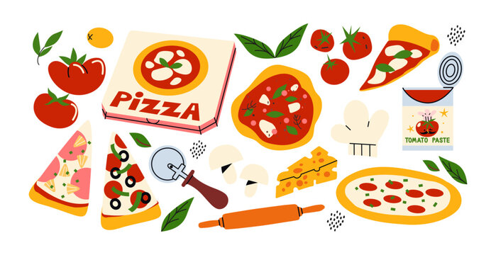 Italian pizza with basil, tomatoes and mozzarella. Pieces of pizza, a set of ingredients, various toppings. Vegetables, cheese,salami, sauce. Cartoon doodle illustration for restaurant and cafe