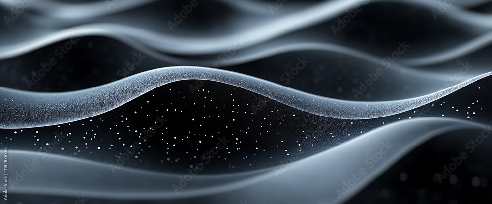 Poster abstract grayscale waves with sparkling particles.